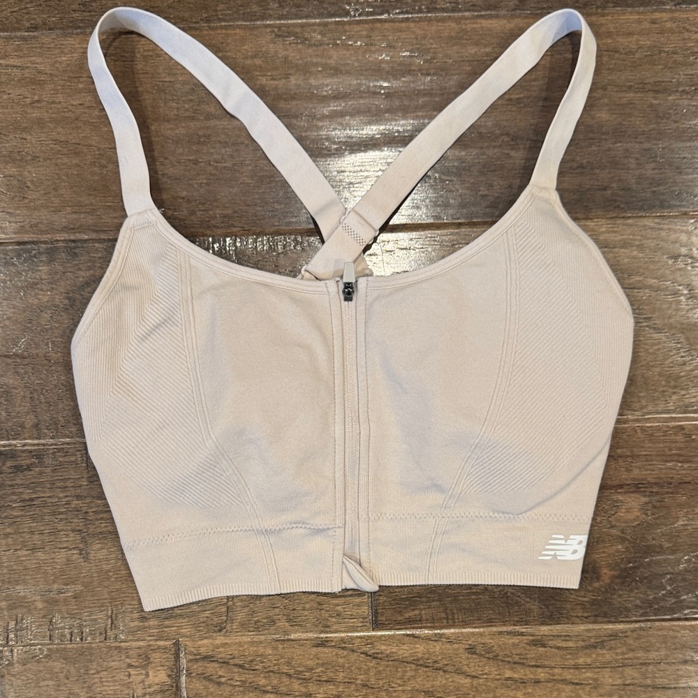 New Balance Light Beige Front-Zip Support Sports Bra
